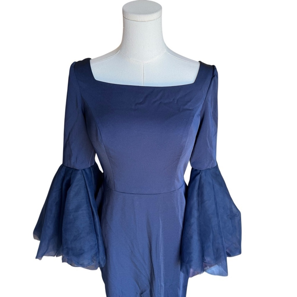 Leena for Mac Duggal - Navy Flounce Sleeve Square Neck Column Gown Sz 6 - Picture 5 of 13